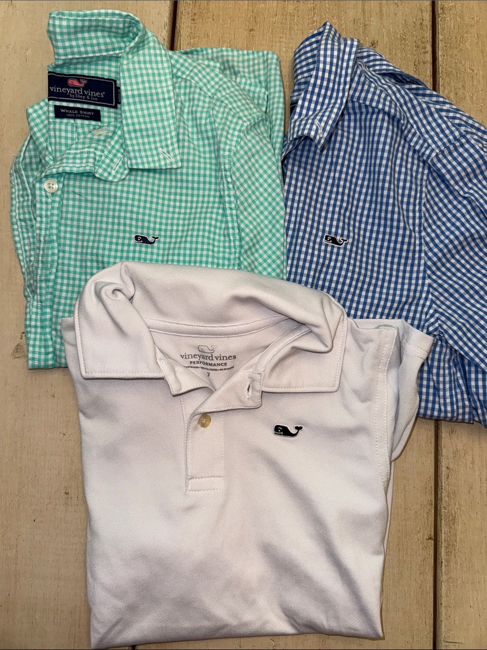Vineyard Vines Boys (1) Polo and (2) Gingham Shirts - White, Aqua, Blue